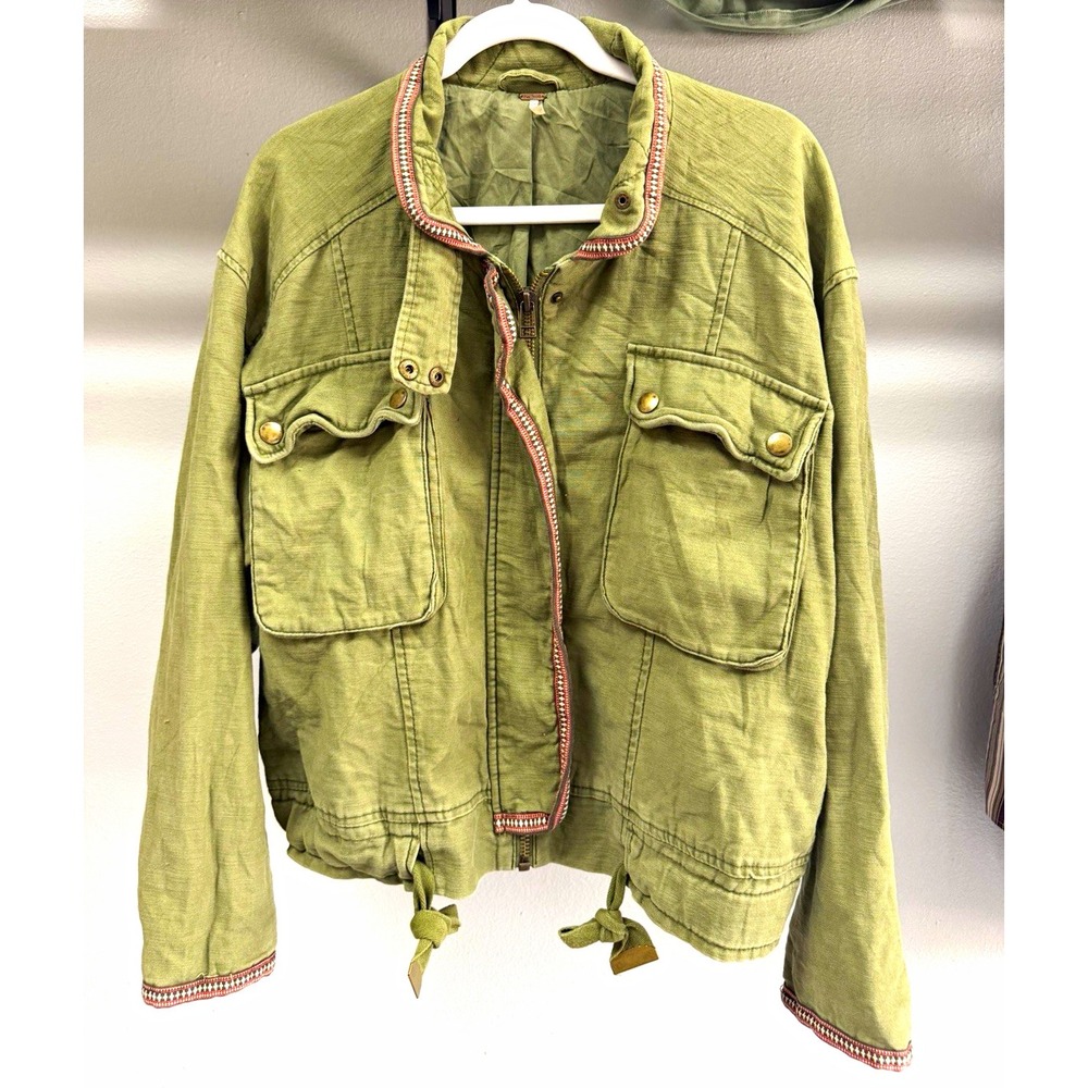 Free People Flight Line Olive Green Utility Bomber Jacket Small Boho Military